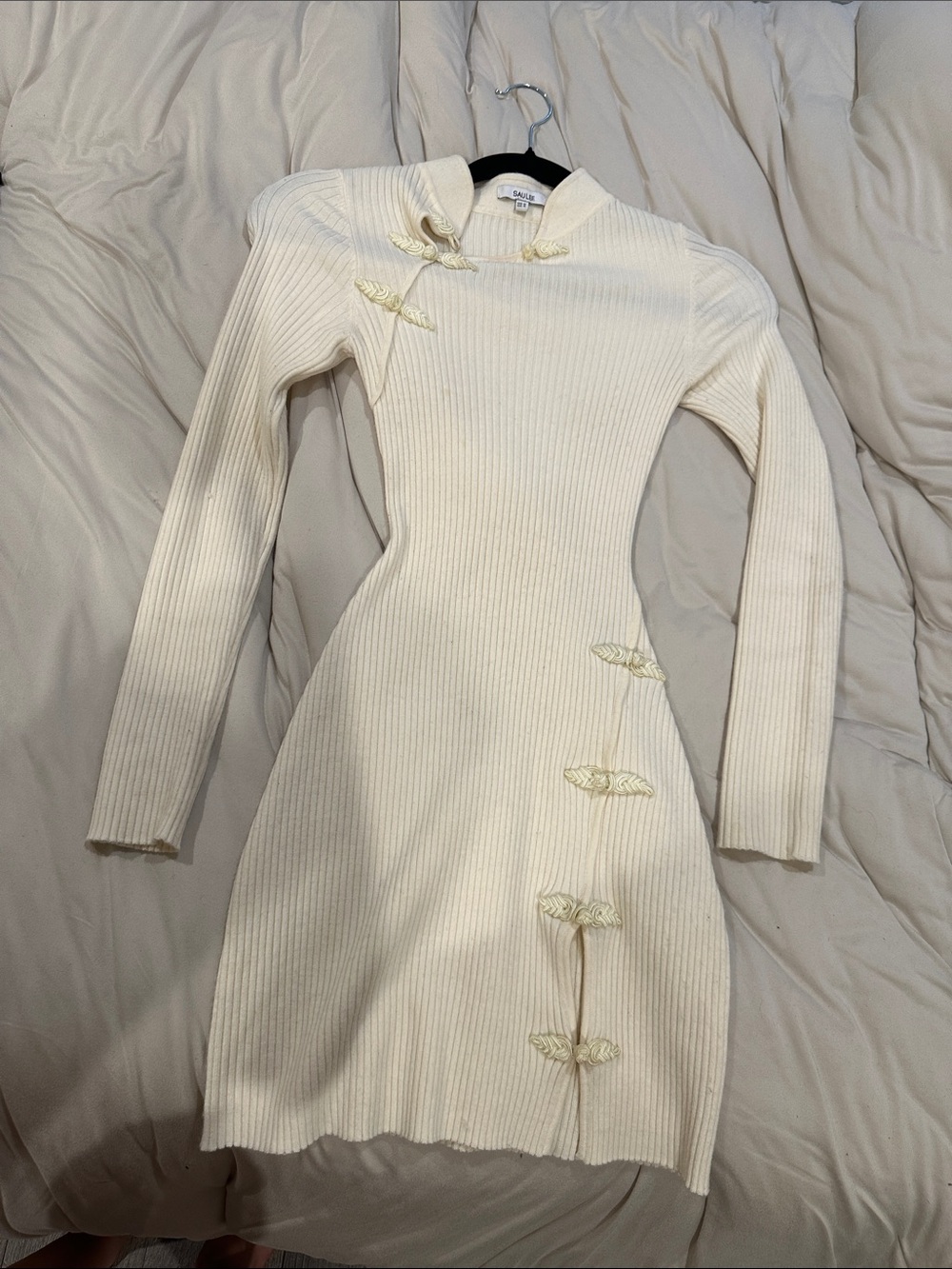 Saulee Cream Ribbed Knit Long-Sleeve Dress with Decorative Frog Closures